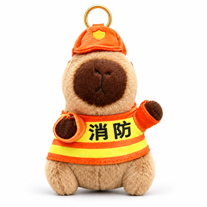Cartoon Plush Capybara Bubble Blowing Keychain — Fire Fighting — white studio