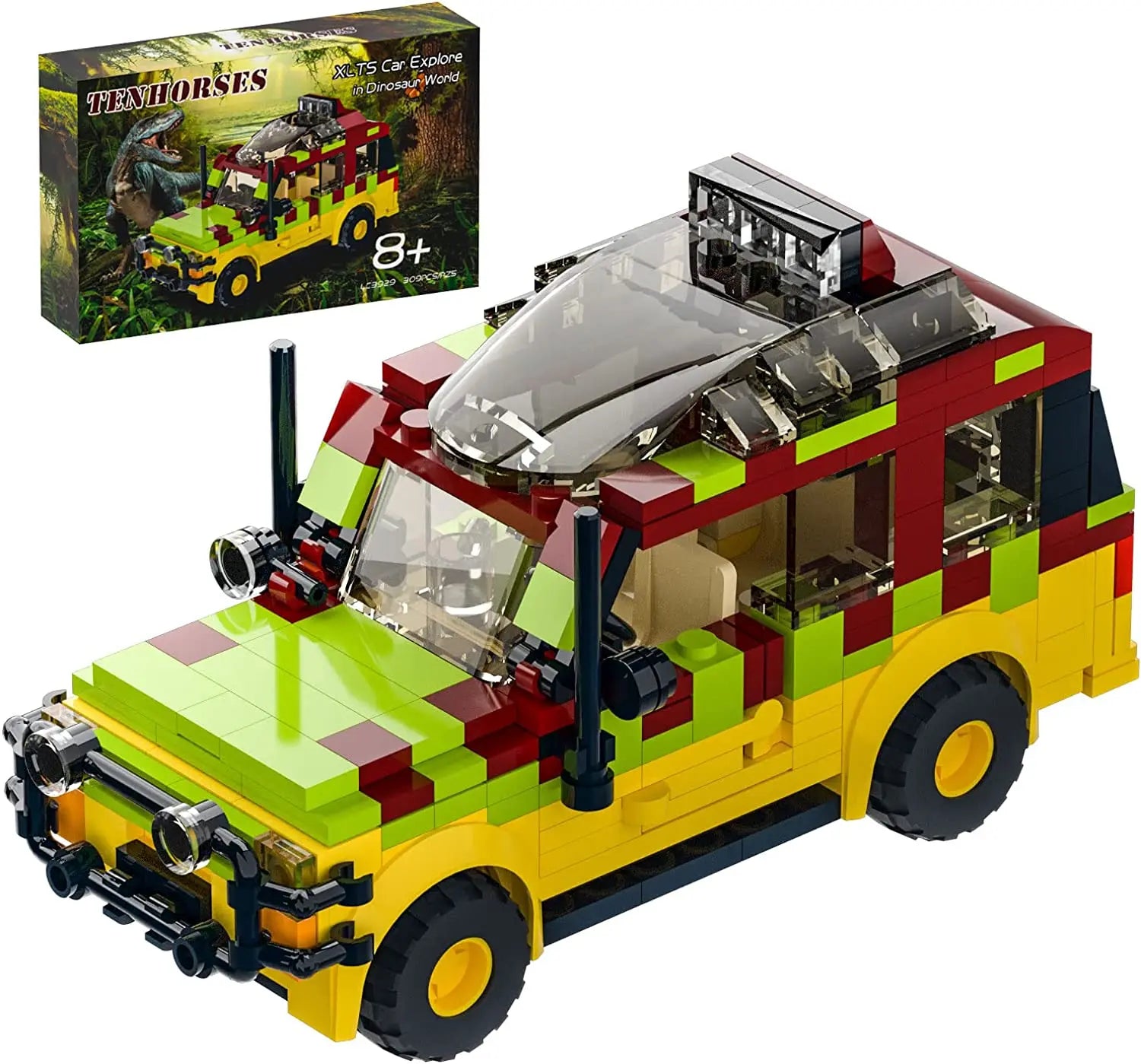 Yellow and dark red Jurassic Tour Vehicle building block set with 309 pieces, LEGO compatible construction toy featuring off-road dinosaur exploration vehicle
 Main image