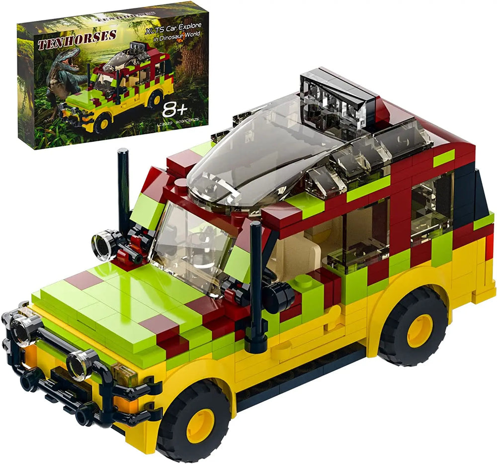 Yellow and dark red Jurassic Tour Vehicle building block set with 309 pieces, LEGO compatible construction toy featuring off-road dinosaur exploration vehicle
