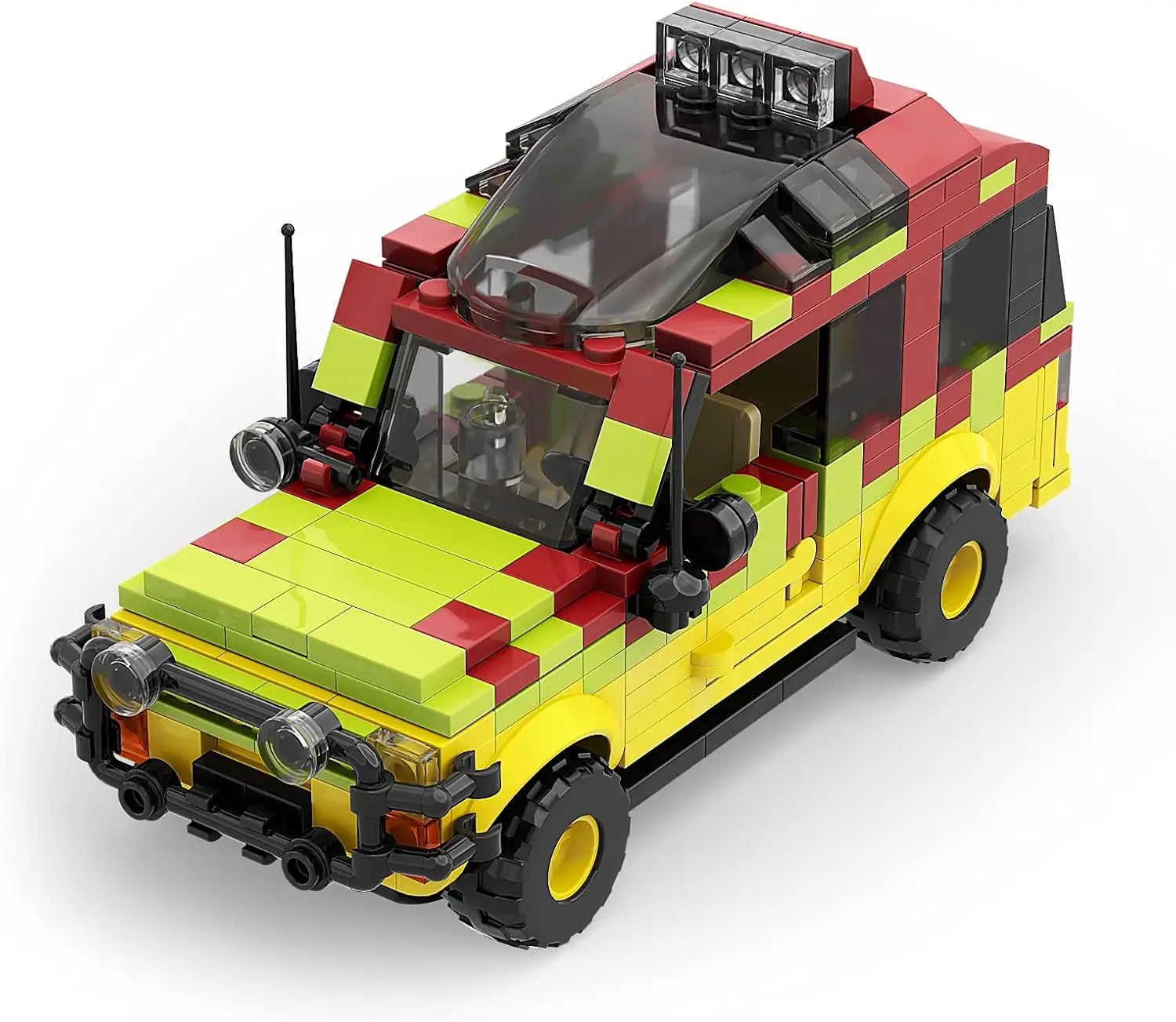 Completed yellow and red expedition vehicle displayed next to prehistoric dinosaur figure showing the adventurous Jurassic World theme of the building toy construction set
