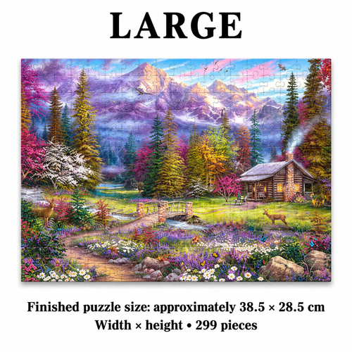 Mountain Cabin Landscape Wooden Jigsaw Puzzle Unique Animal Shaped Pieces - alternate view