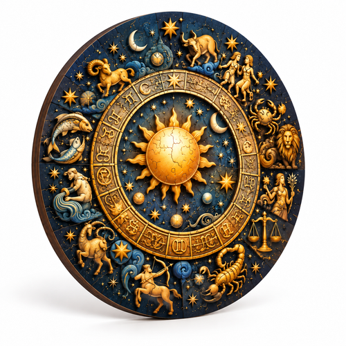 Celestial Sun Moon Wooden Jigsaw Puzzle Zodiac Art with Unique Animal Shaped Pieces - alternate view