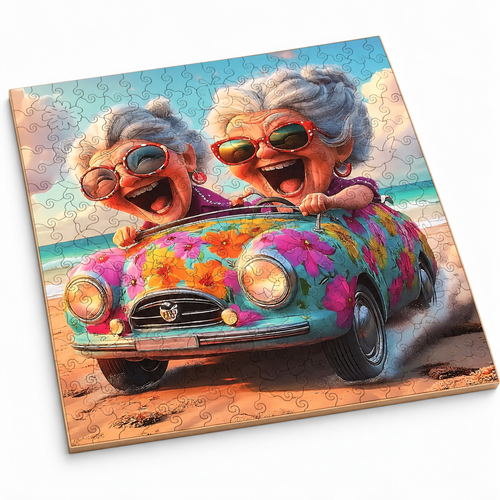 Adult Wooden Jigsaw Puzzle - Happy Old Ladies Car Art | Irregular Shape - alternate view