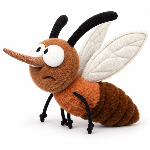 Many Mosquitoes Dom brown mosquito plush toy, three-quarter-left studio view
