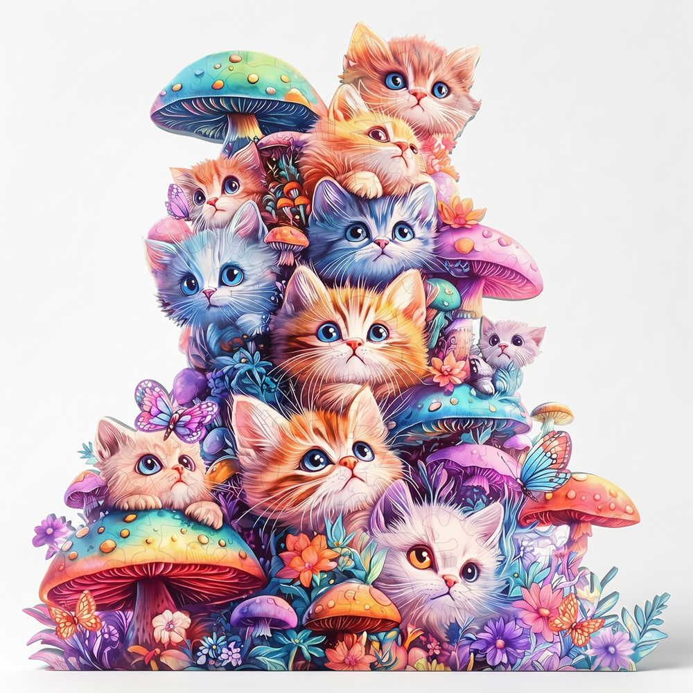 Cute Mushroom Cat Wooden Jigsaw Puzzle - Irregular Animal Shape | Toylvia™