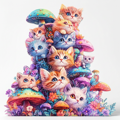 Cute Mushroom Cat Wooden Jigsaw Puzzle - Irregular Animal Shape | Toylvia™