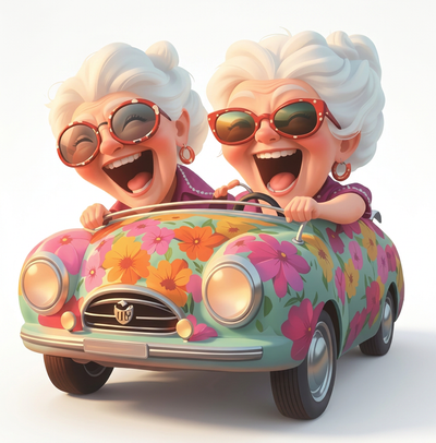 Adult Wooden Jigsaw Puzzle - Happy Old Ladies Car Art | Irregular Shape