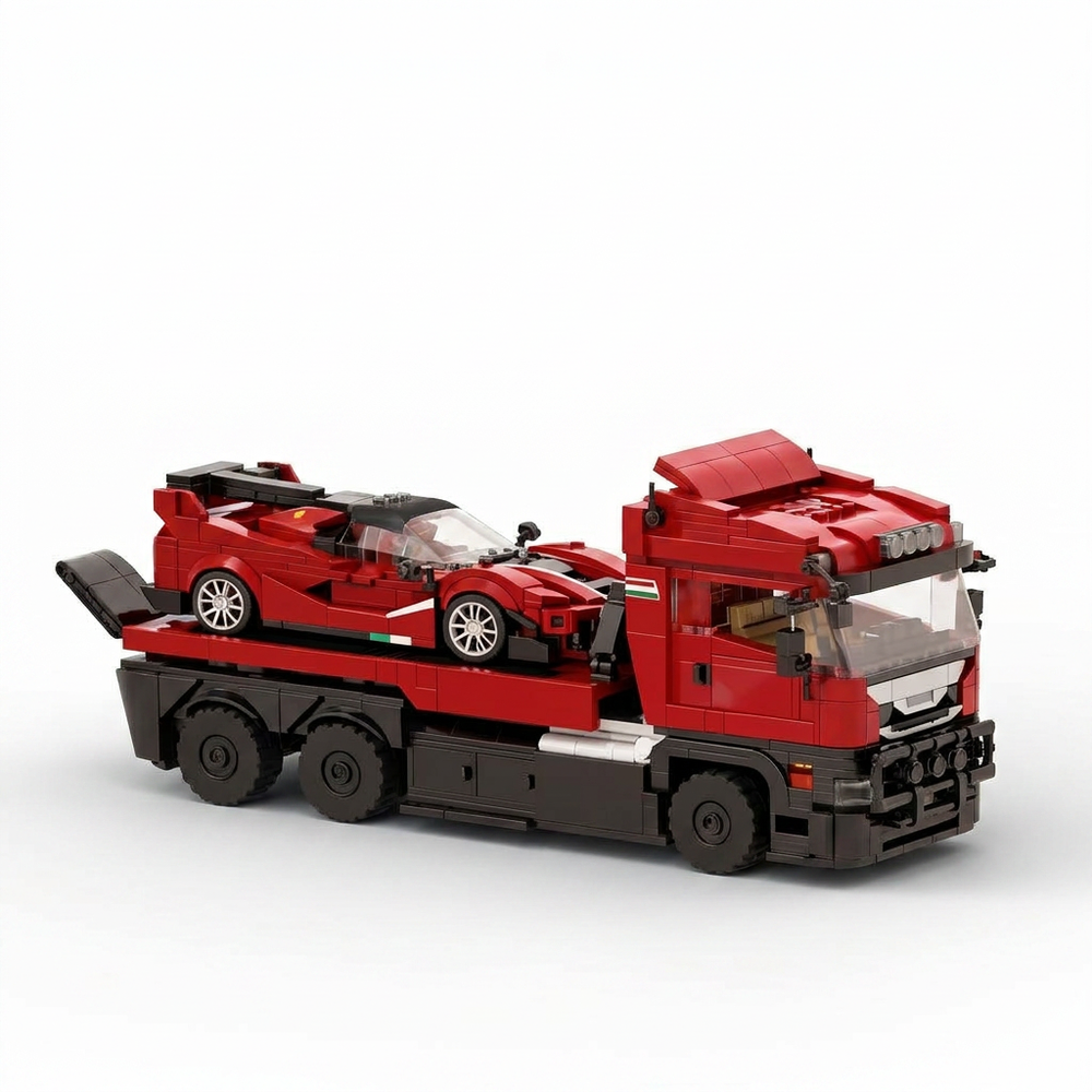 1728pcs Trailer Super Car Building Block Set - Flatbed Truck & Sports Car Model