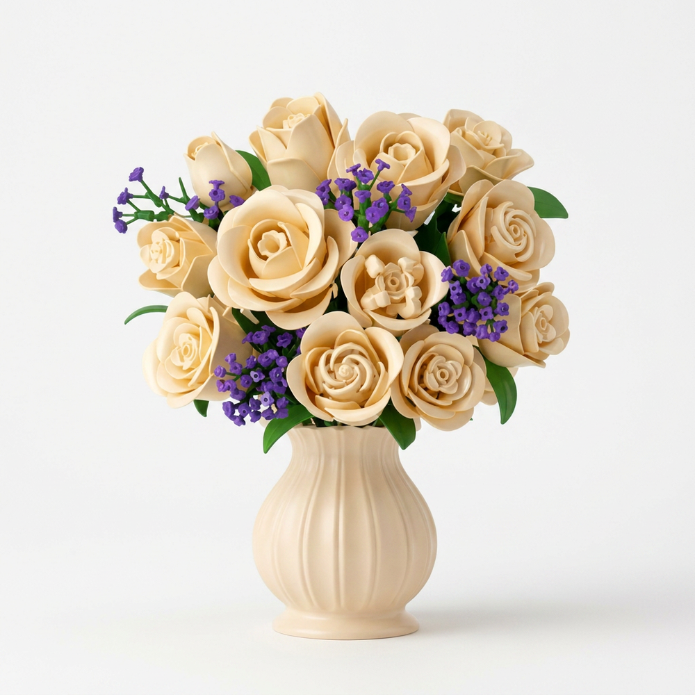 16 Champagne White Roses Building Blocks - 523PCS Botanical Set with Lights