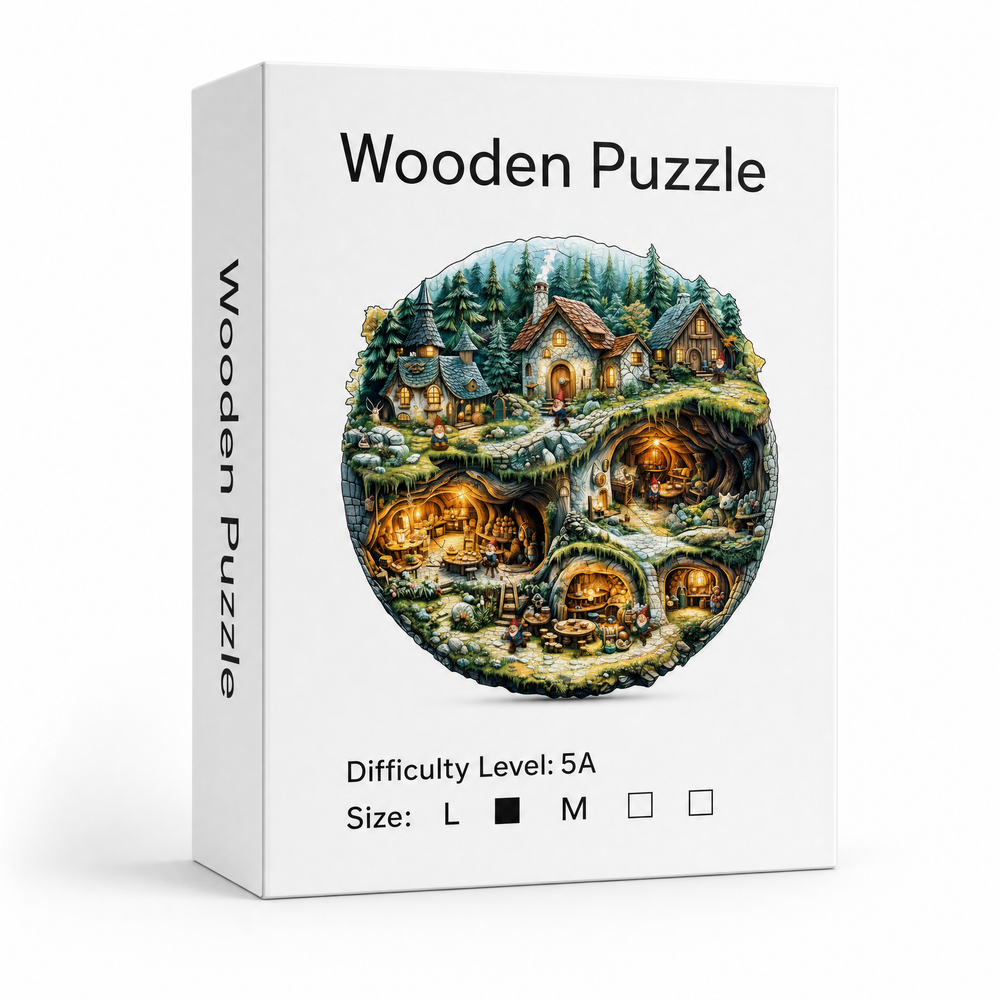 Round Wooden Jigsaw Puzzle - Fairy Tale Forest Gnome Village