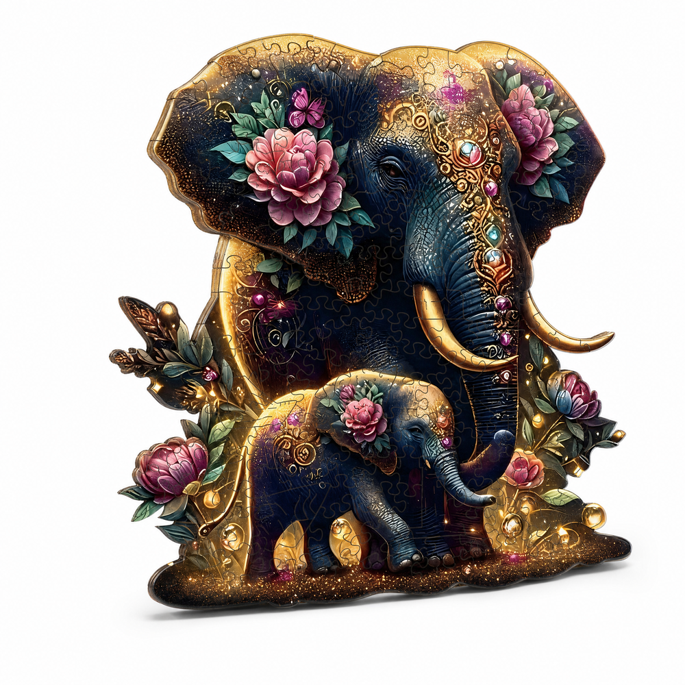 Mystical Elephant Family Wooden Puzzle Unique Shaped Pieces & Floral Art