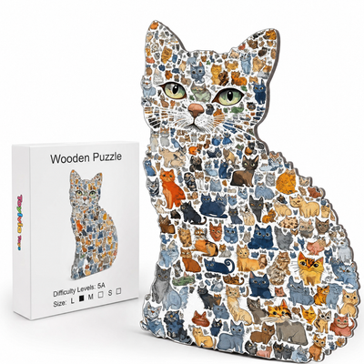 Large Cat Shaped Wooden Puzzle - Unique Animal Pattern Jigsaw
