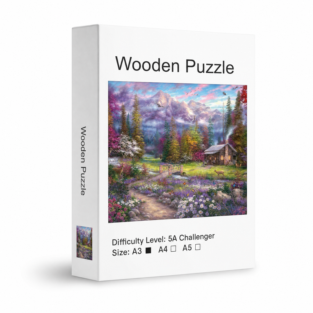 Mountain Cabin Landscape Wooden Jigsaw Puzzle Unique Animal Shaped Pieces