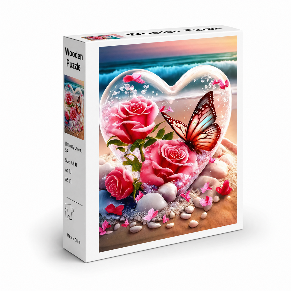 Love in Bloom Wooden Jigsaw Puzzle Heart Rose Art Puzzle with Unique Shaped Pieces