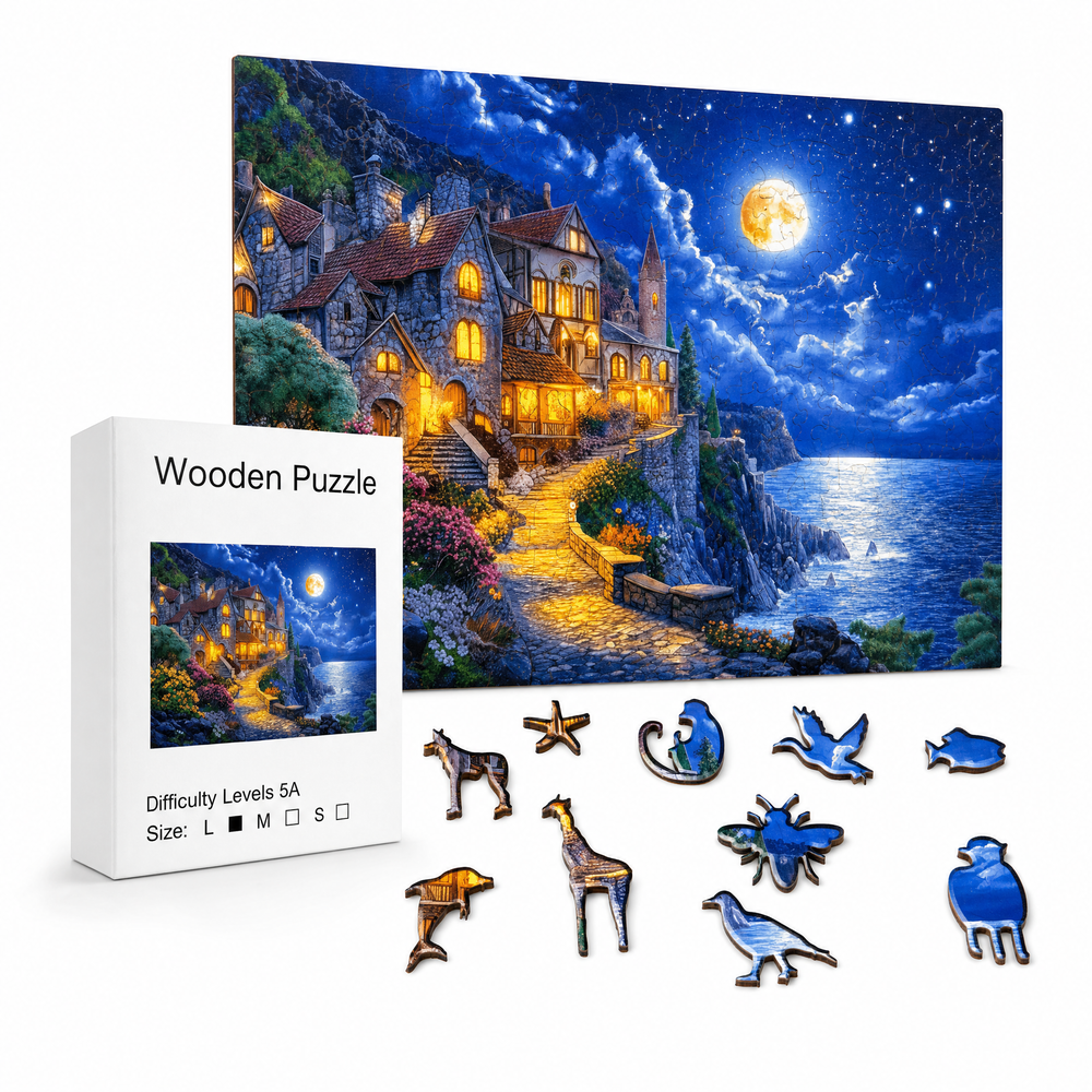 Moonlit Coastal Castle Wooden Jigsaw Puzzle - Unique Animal-Shaped Pieces