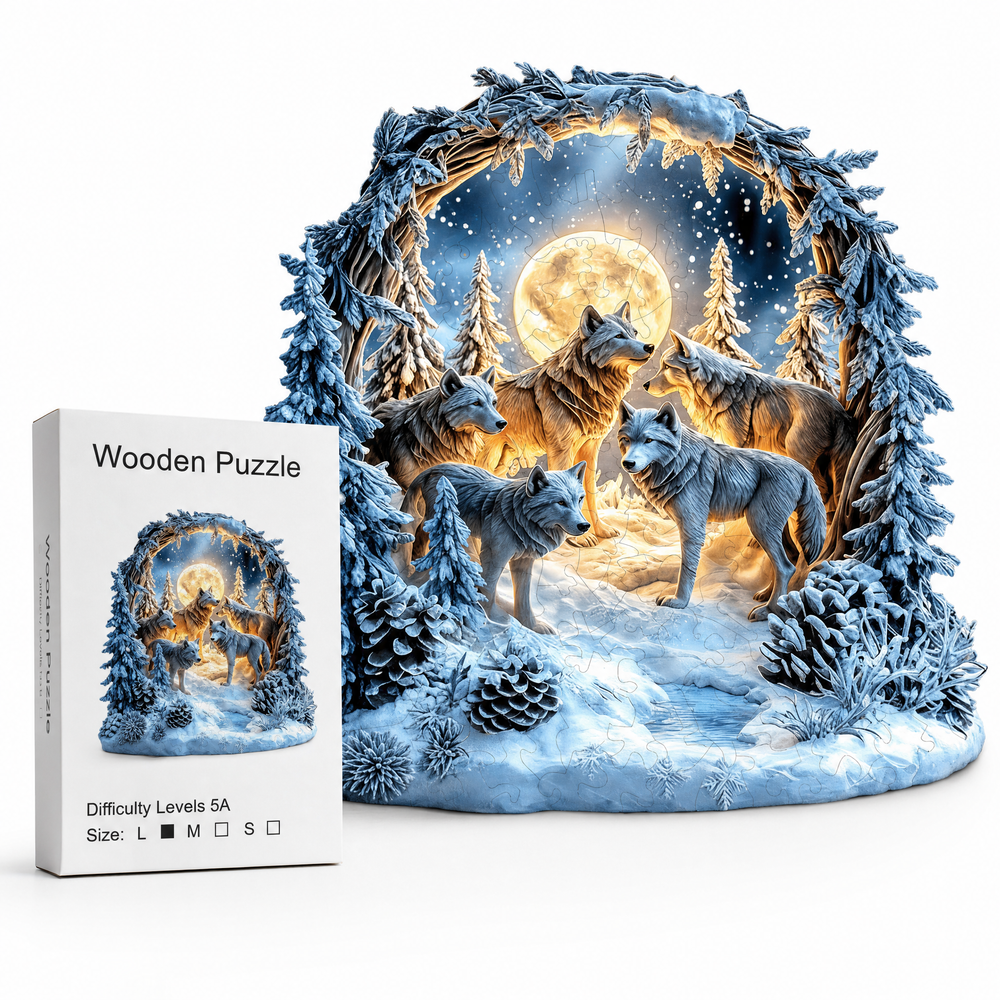 Magical Winter Wolf Forest Wooden Puzzle - Artistic Handicraft Decor