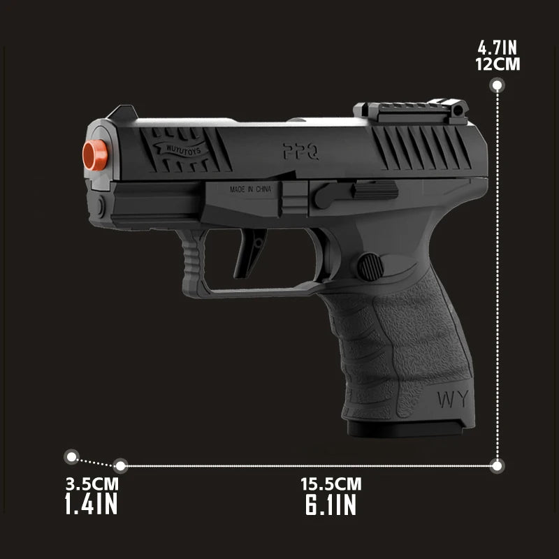 Black handgun with measurements on a black background