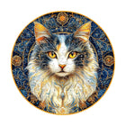 Elegant Cat Wooden Jigsaw Puzzle Golden-Blue Round Artwork