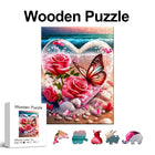 Love in Bloom Wooden Jigsaw Puzzle Heart Rose Art Puzzle with Unique Shaped Pieces