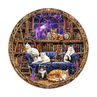 Fantasy Starry Library Cats Round Wooden Puzzle Wall Decor
