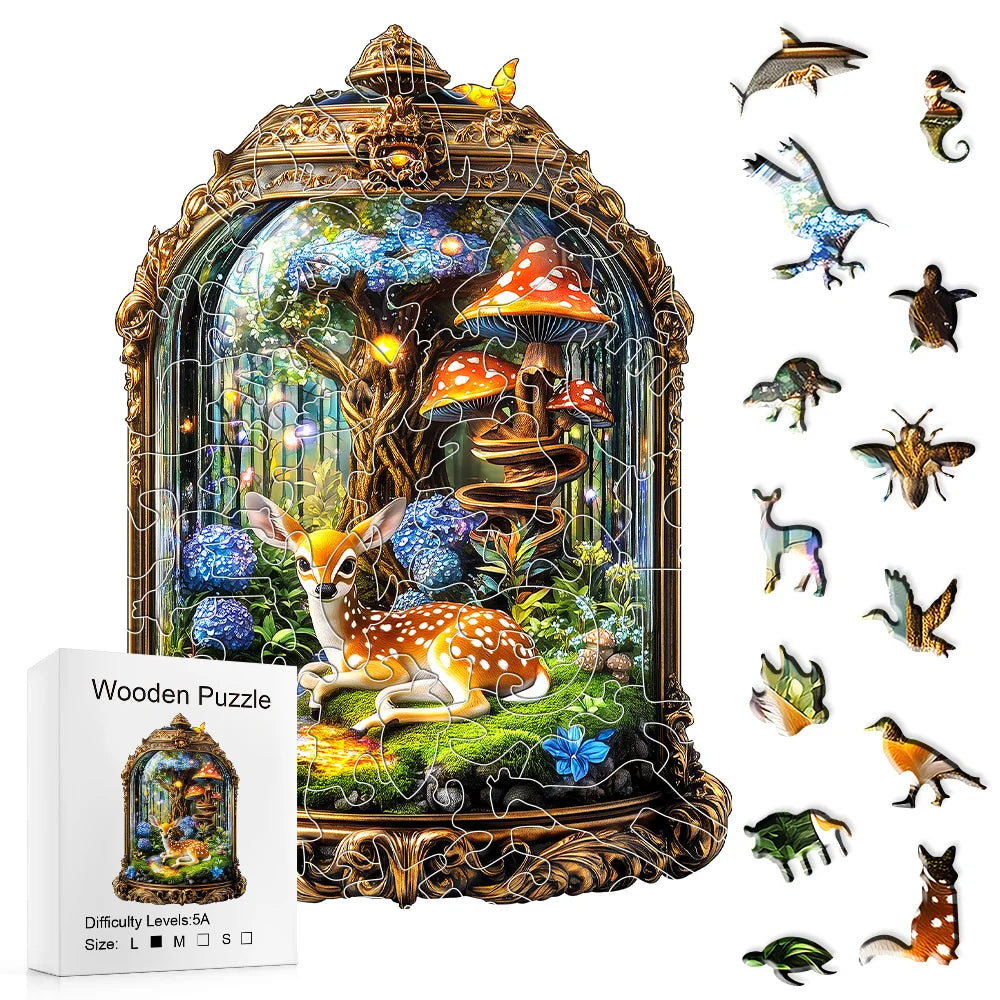 Enchanted Forest Glass Jar Wooden Puzzle Deer Mushroom Art