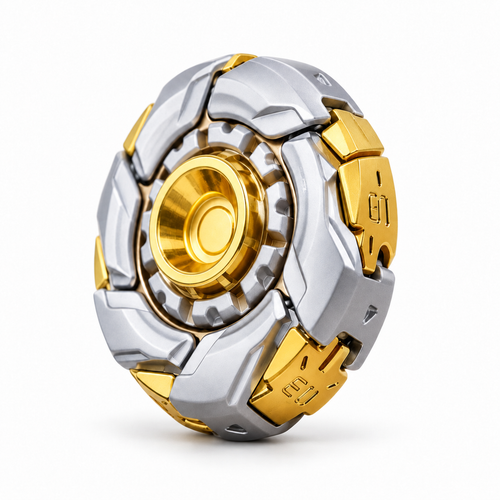 Open Armor metal fidget slider spinning top in silver and gold with gold center