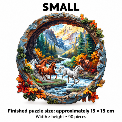 Wild Horses Mountain Valley Wooden Jigsaw Puzzle Unique Animal-Shaped Pieces - alternate view