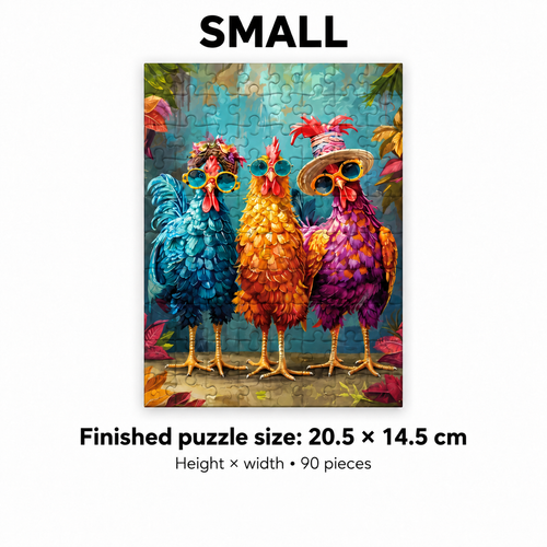 Colorful Big Roosters Wooden Jigsaw Puzzle - Irregular Animal Shape - alternate view