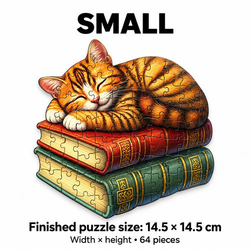 Sleeping Cat on Books Wooden Jigsaw Puzzle for Adults | Irregular Animal Shape Art Puzzle - Toylvia™ - alternate view