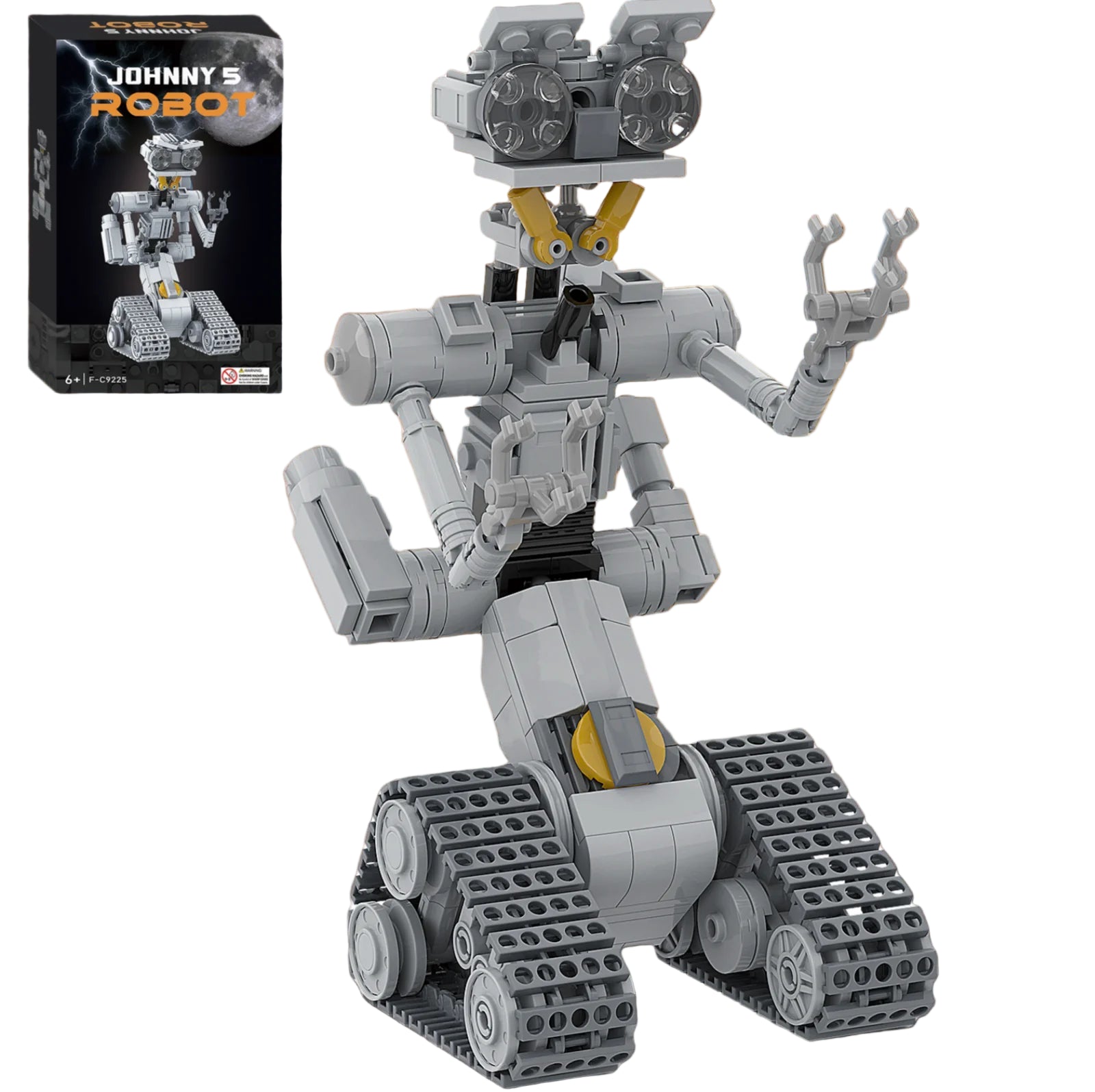 Grey robot building model from the Toylvia 313PCS Playable Robot Set displayed with packaging on a white background