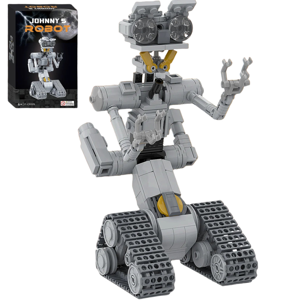 Grey robot building model from the Toylvia 313PCS Playable Robot Set displayed with packaging on a white background