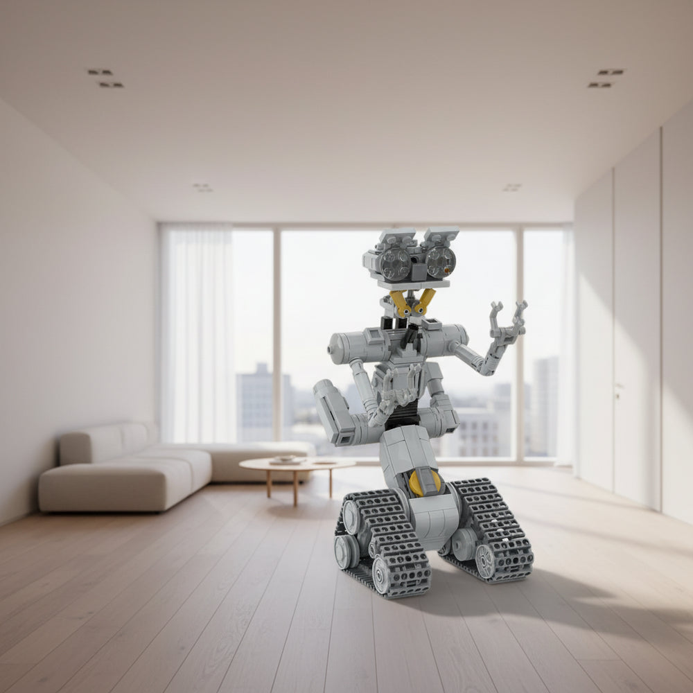 Grey 313PCS robot building model displayed in a modern living room with wooden flooring