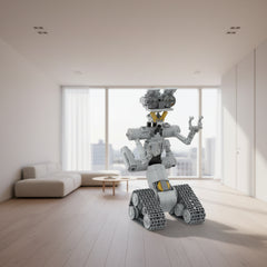 Grey 313PCS robot building model displayed in a modern living room with wooden flooring