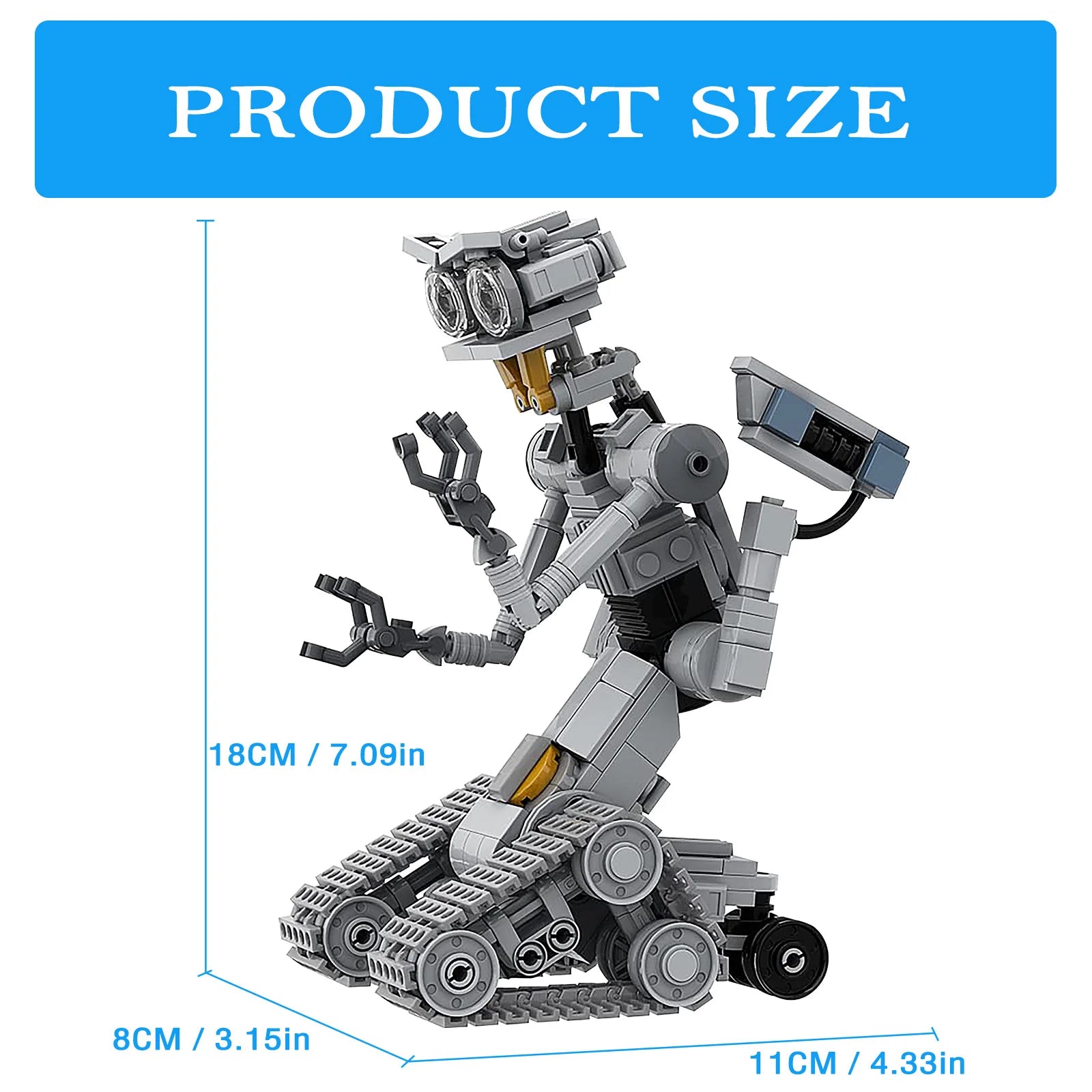 Product size chart showing the grey robot model from the Toylvia 313PCS building set with height and width measurements