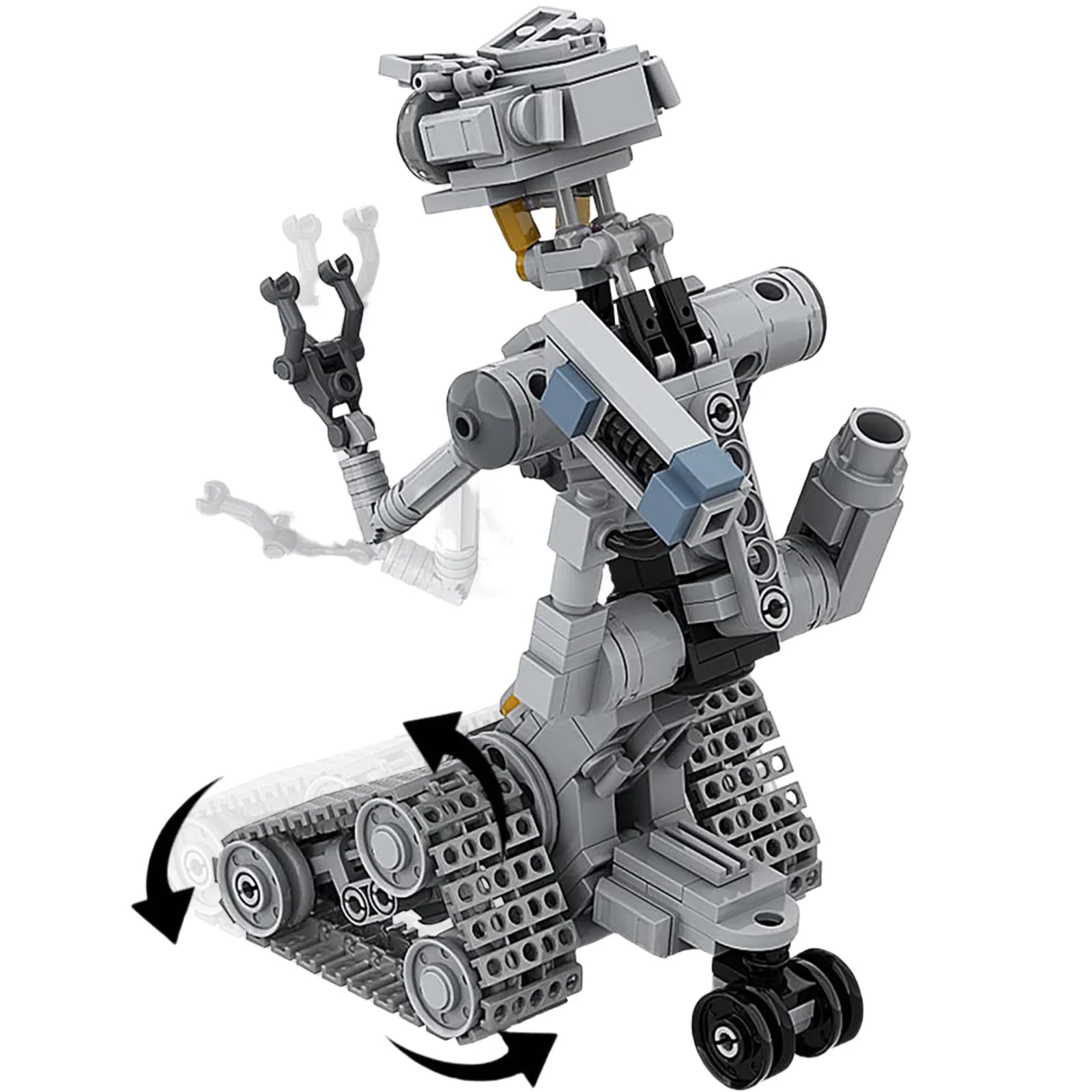 Grey 313PCS robot building toy showing rotating track and movable arm features on a white background