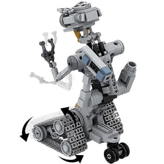 Grey 313PCS robot building toy showing rotating track and movable arm features on a white background