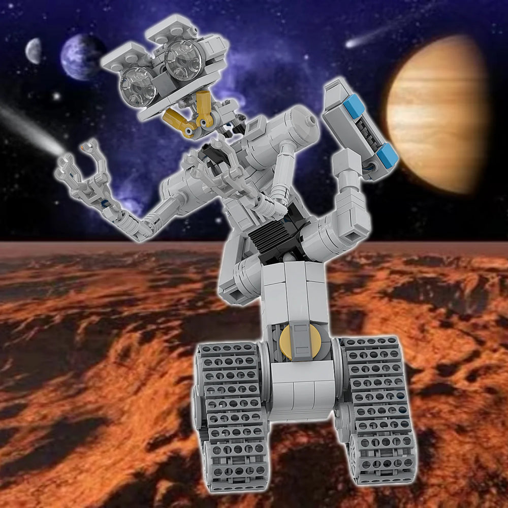 Grey robot model from the Toylvia 313PCS building set posed on a space-themed background with planets
