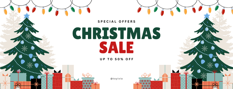 Toylvia Christmas Sale banner with decorated trees, gifts, and text showing up to 50% off special offers.