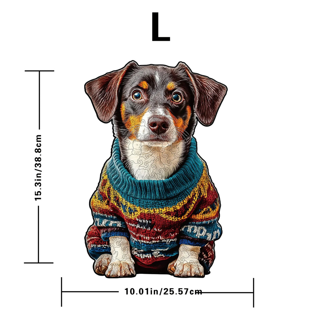 Large size dog wooden puzzle in colorful sweater, 15.3in by 10in – Toylvia