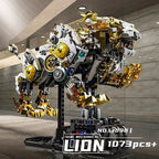 Mechanical Lion 1073PCS building blocks model with gold mechanical details displayed on a stand.