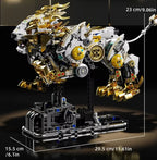 Mechanical Lion 1073PCS building blocks model showing product dimensions with gold and white mechanical details on a display stand.