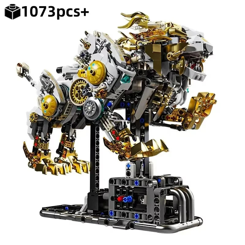 Mechanical Lion 1073PCS building blocks model with gold and white mechanical details on display stand.