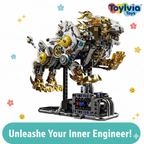 Complex mechanical model toy with gold and silver elements on a white background, featuring the ToyLivia Toys brand.