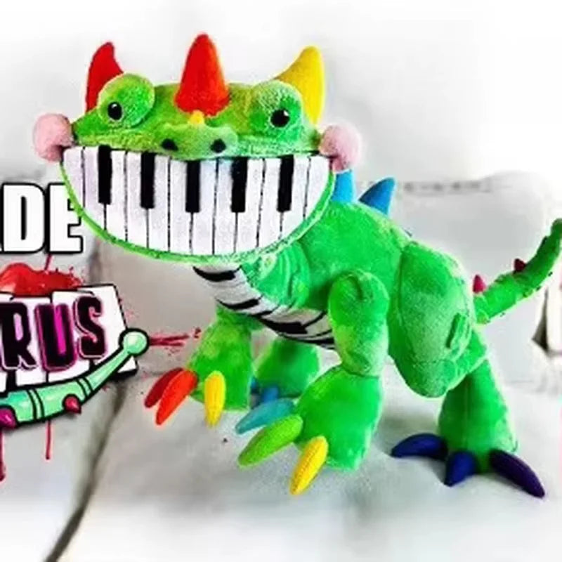 Green Pianosaurus plush doll with colorful horns and piano-tooth smile