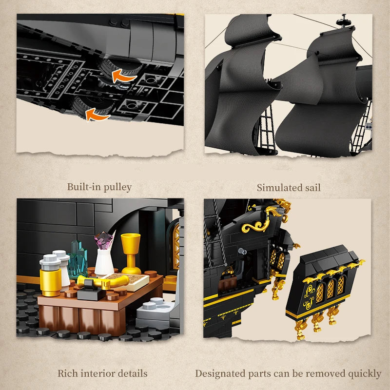 Pirate ship building blocks features — built-in pulley system, simulated black sails, detailed interior table scene, and removable decorative parts shown in a four-panel collage.