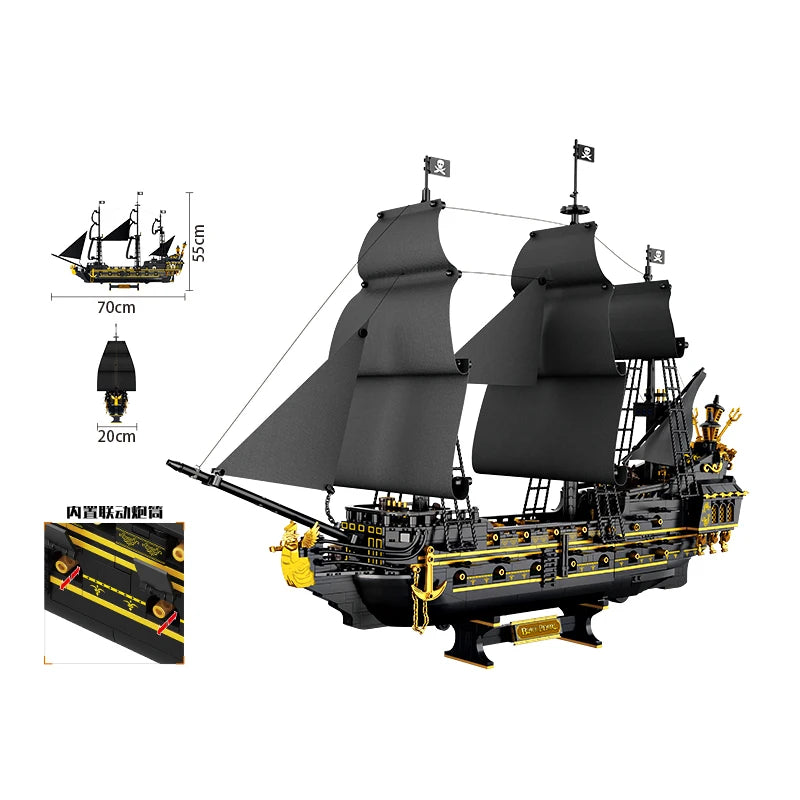 Pirate ship building blocks model shown with full side view, 70cm length, 55cm height, 20cm width, and close-up of the functional pulley mechanism.
