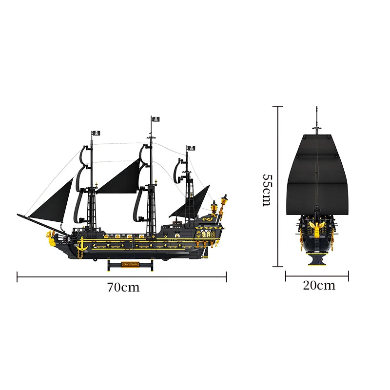 Pirate ship building blocks model shown with size dimensions: 70cm length, 55cm height, and 20cm width, displayed from side and front views.