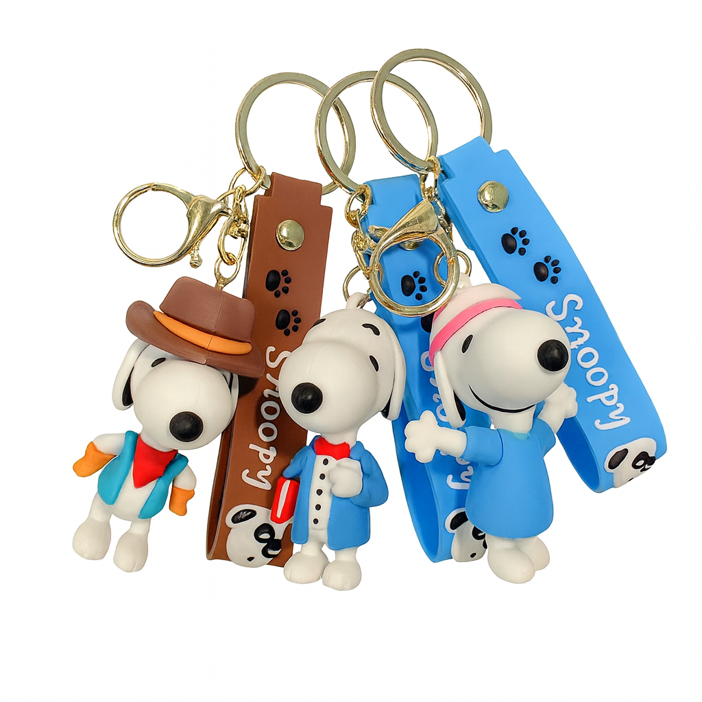 Set of three Snoopy character keychains with gold rings and colorful straps displayed on a white background. Main image