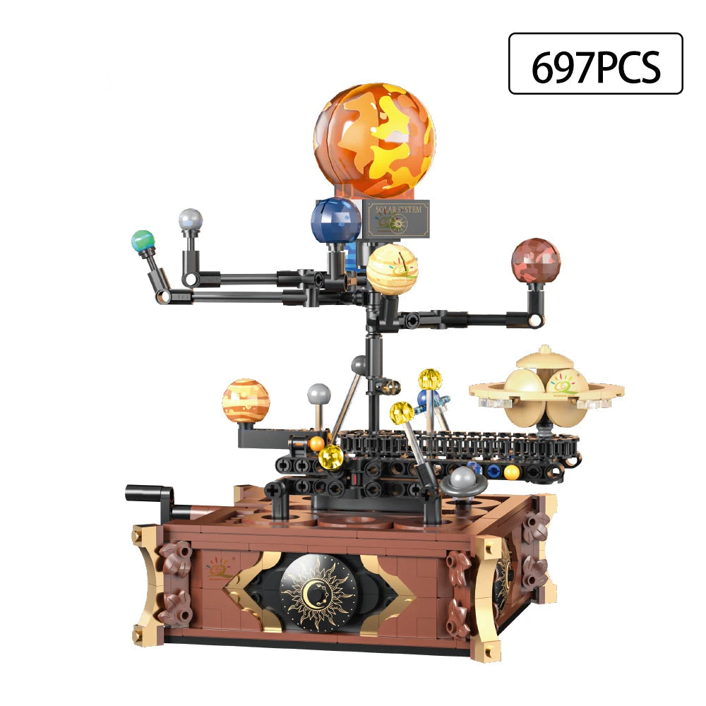 697PCS mechanical solar system building set with rotating planets on a vintage-style wooden base – Toylvia educational STEM model. Main image