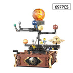697PCS mechanical solar system building set with rotating planets on a vintage-style wooden base – Toylvia educational STEM model.